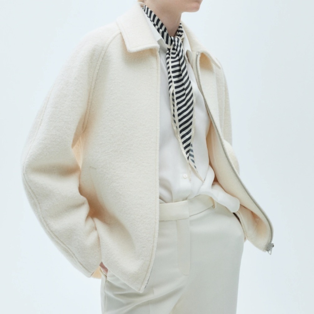 Mango MNG Cream Off-White Raglan Sleeve Zip Front Wool Boucle Style Jacket Med